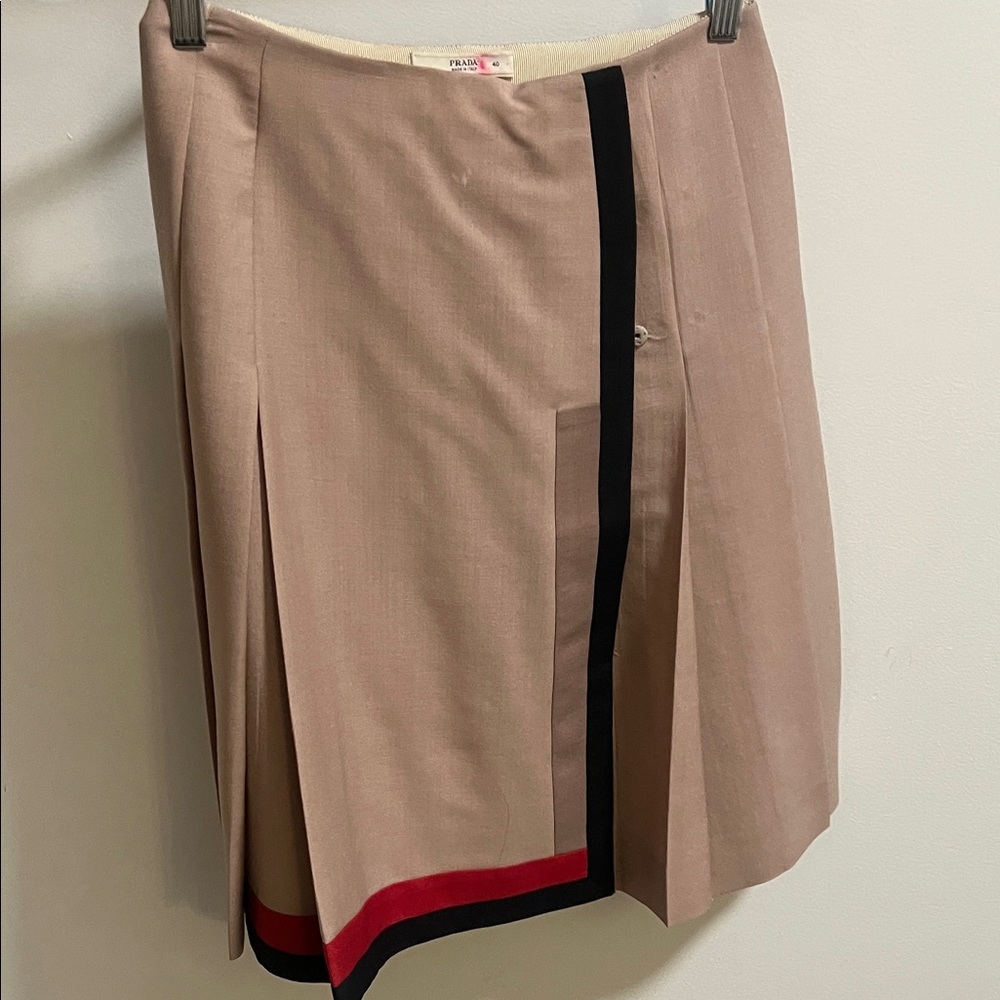 Prada Tan A-Line Skirt with Black and Red Trim